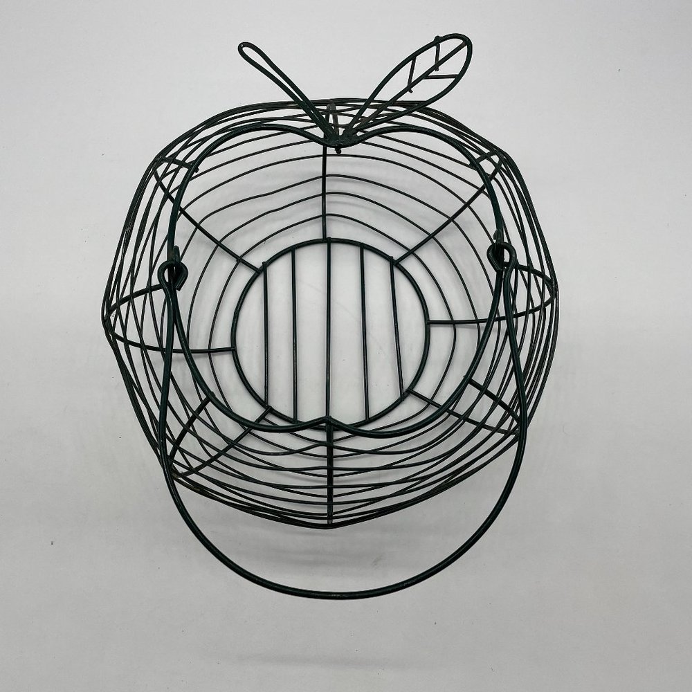 10"dia x 4.5"H Metal Wire Wicker Dark Green Apple Shape Fruit Basket with Handle